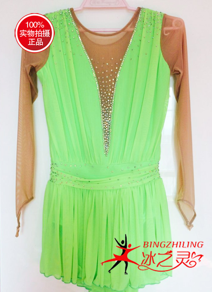 冰之灵滑冰服 考级比赛绿色散钻 训练服 护具定制