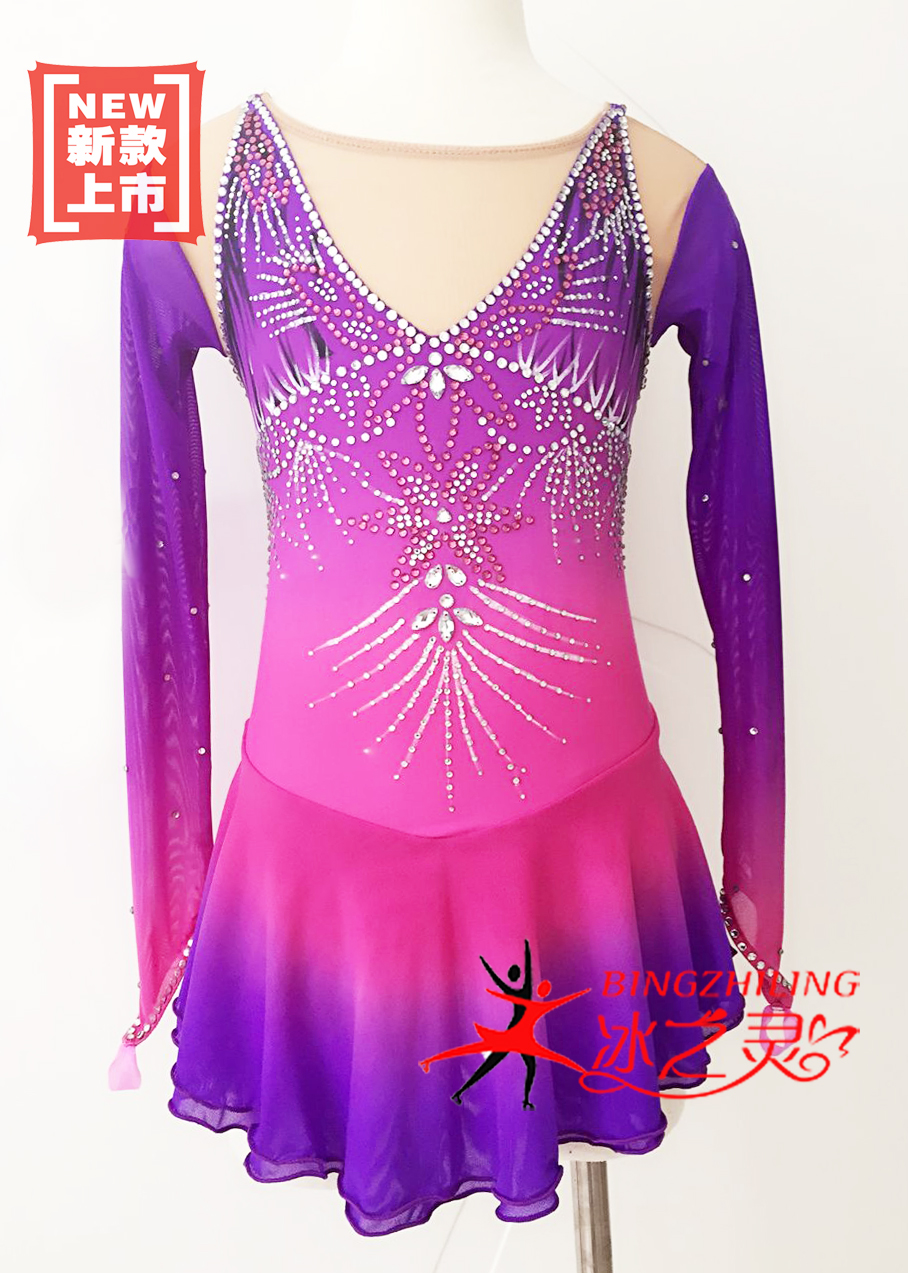 冰之灵花样滑冰 考级比赛表演服装 染色手绘闪钻舞台表演裙定制