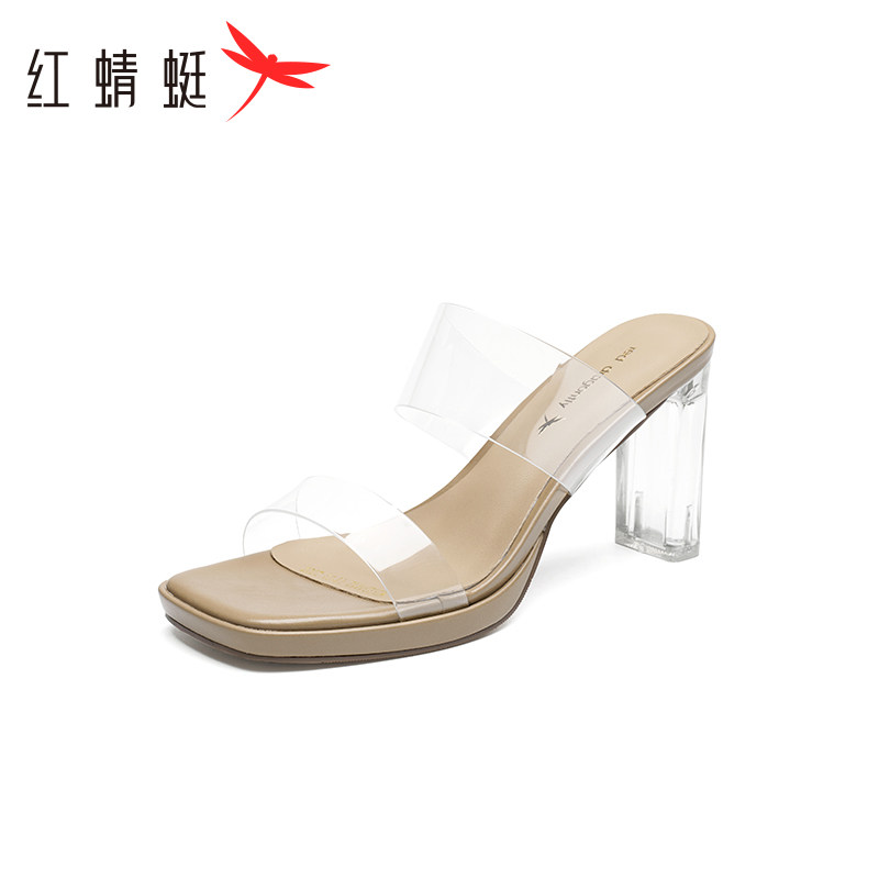 REDDRAGONFLY/红蜻蜓女士简约时尚高跟方头一脚蹬凉拖鞋WTK23441