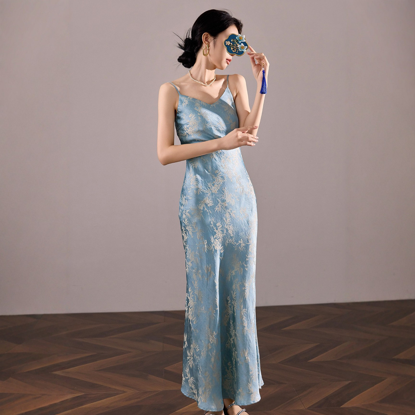弥蝶【蓝金竹韵】新中式提花吊带长裙2026夏季国风显瘦内搭连衣裙,女装/女士精品,汉服连衣裙,淘宝优惠券,粉丝福利购,淘宝优惠卷