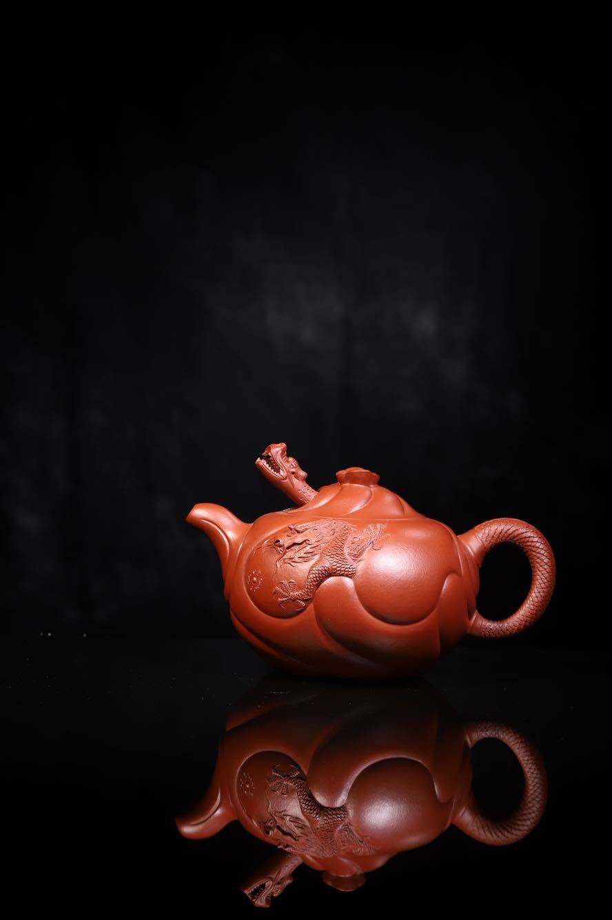 宜兴紫砂壶 江苏省名人高工沈锡芬 鱼化龙 朱泥大红袍 450ml