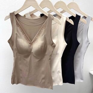 古妃秋冬磨毛保暖背心女一体杯免穿文胸V领蕾丝性感打底发热上衣