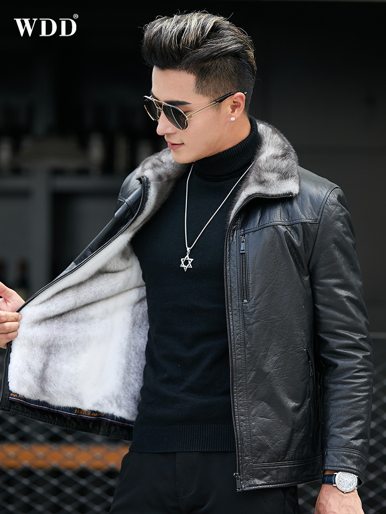 Mink coat Men's fur one-piece short Haining leather leather cowhide jacket Cross mink liner thick coat