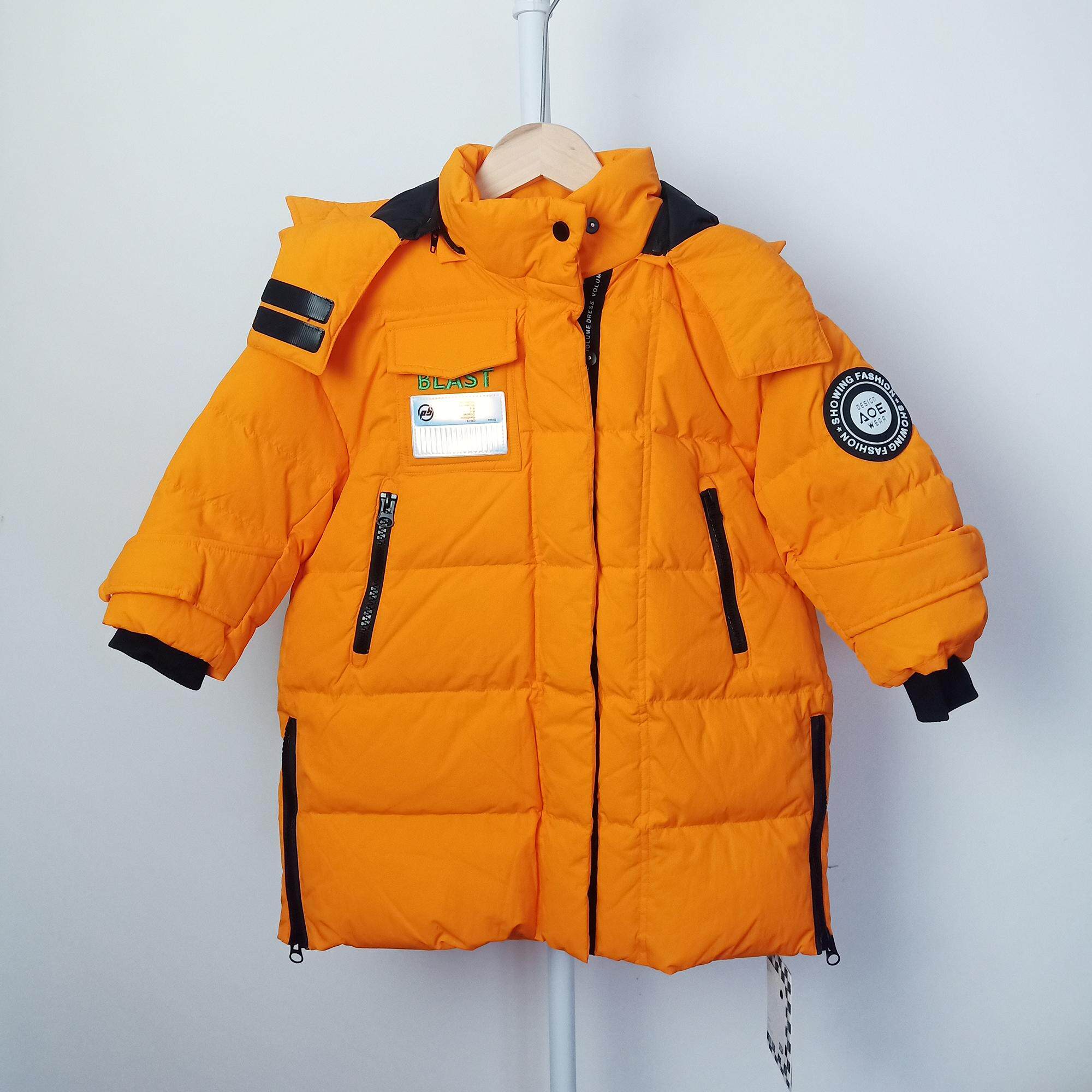 炸街*110-140可拆卸连帽长款羽绒服男童桔色