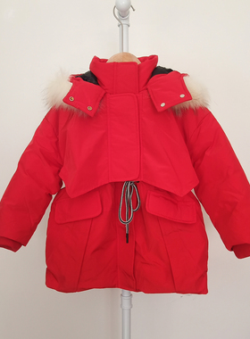 MINI*家110-150防风派克服真毛领连帽白鸭绒中长款抽腰纯色羽绒服