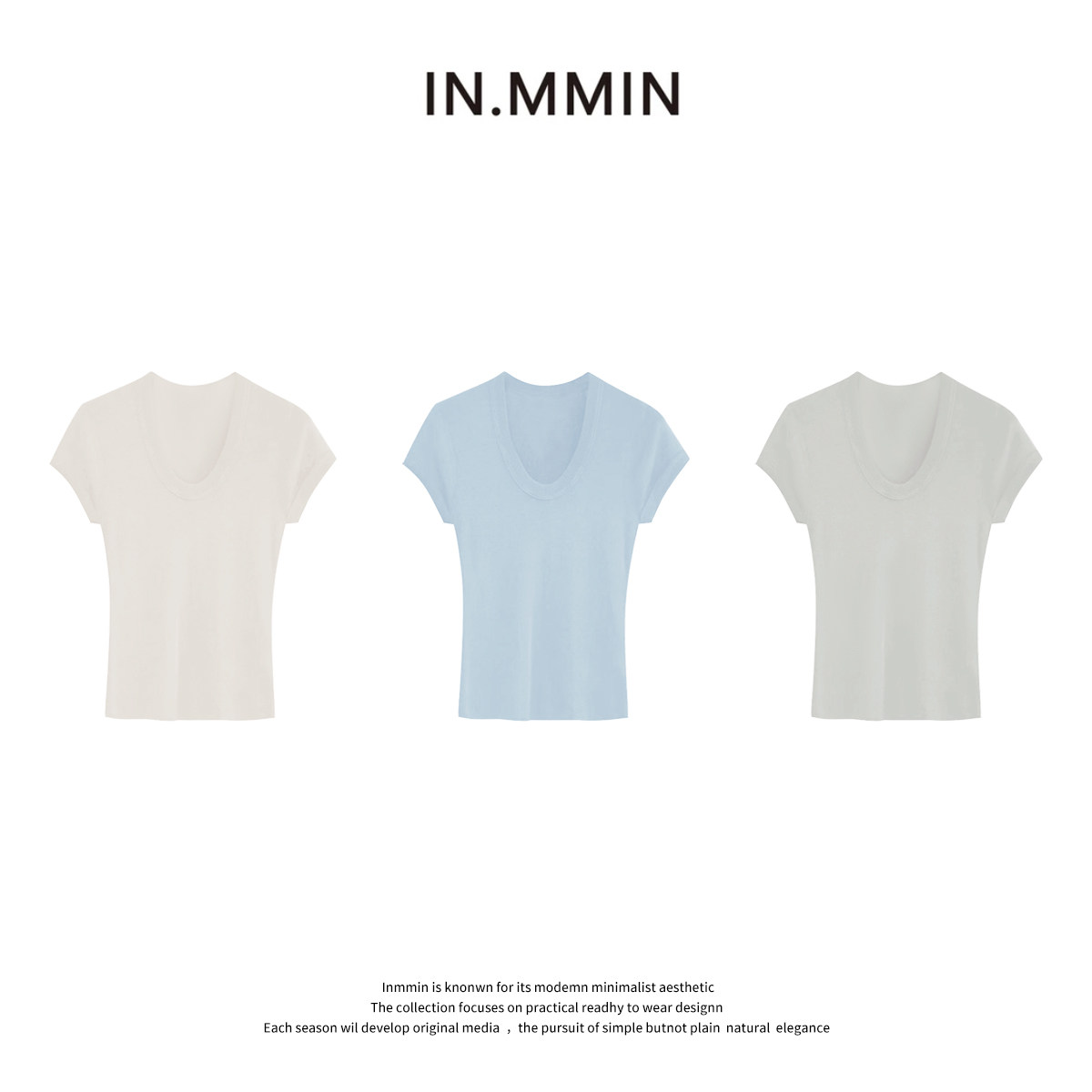 INMMIN 100莱塞尔正肩U领纯色套头女短袖T恤-zz1079