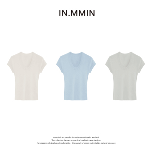 INMMIN 100莱塞尔正肩U领纯色套头女短袖T恤-zz1079
