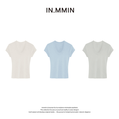 INMMIN 100莱塞尔正肩U领纯色套头女短袖T恤-zz1079