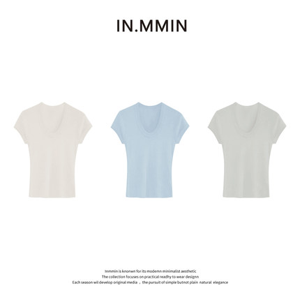 INMMIN 100莱塞尔正肩U领纯色套头女短袖T恤-zz1079