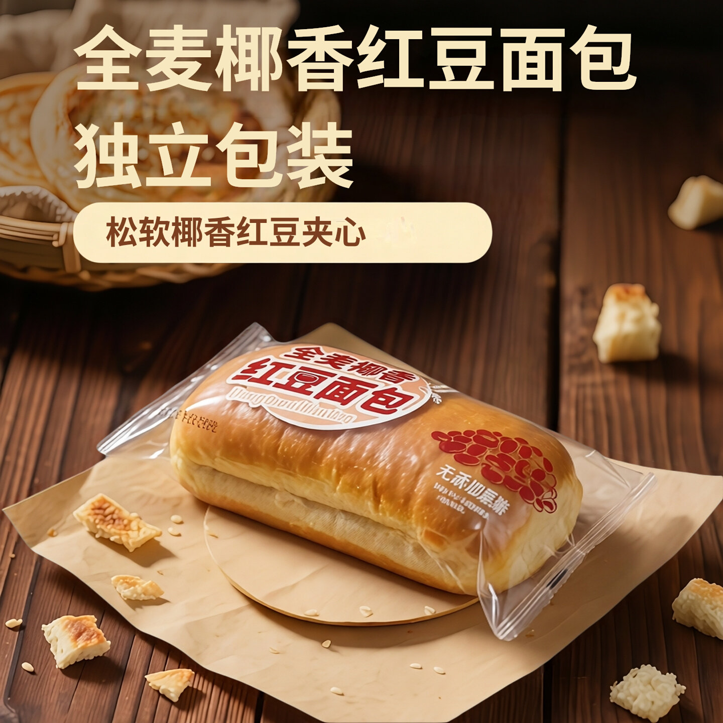 全麦椰香红豆夹心面包独立包装早餐营养糕点下午茶代餐