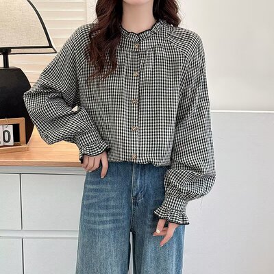 胖mm大码女装衬衫木耳边格子衬衣韩版女春秋复古衬衫设计感200斤