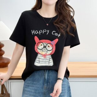 宽松显瘦卡通印花女士洋气短袖 夏季 T恤上衣200斤 女装 胖mm加大码