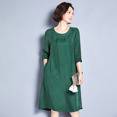 宽松重磅真铜氨丝七分袖连衣裙女夏新款大码A字纯色休闲中长裙