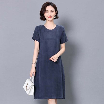 重磅真铜氨丝新夏妈妈装端庄大气梨型显瘦连衣裙过膝短袖中长裙
