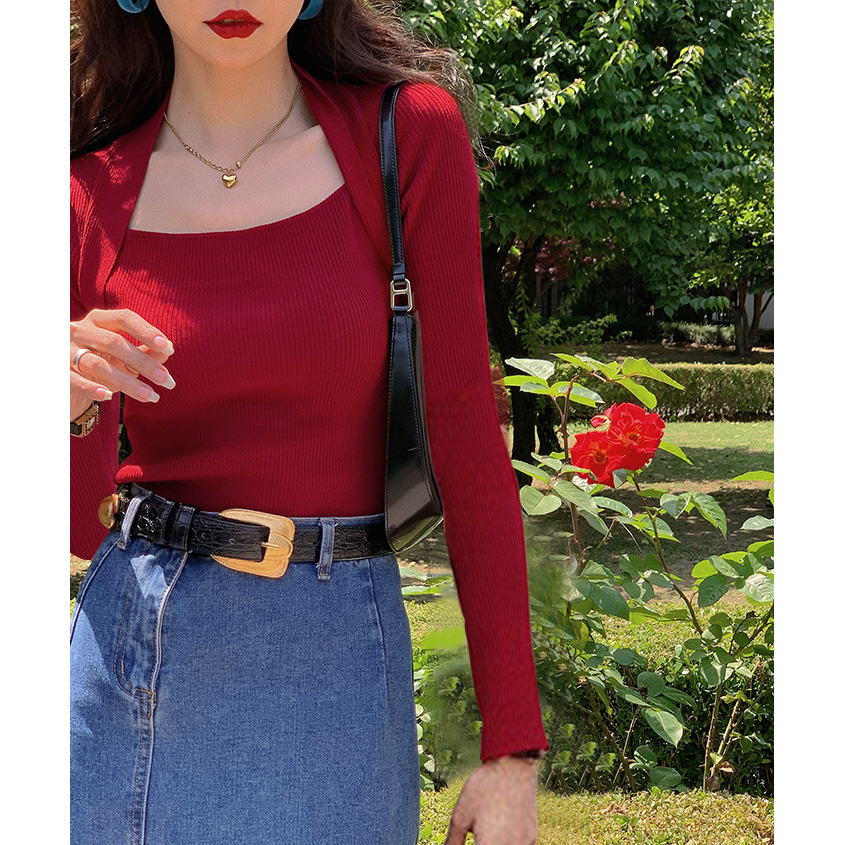 薄款针织女打底衫复古法式长袖