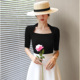 露锁骨上衣夏装 T恤女中袖 方领针织衫 赫本风复古优雅挂肩黑色短袖