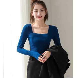 春秋方领上衣女复古法式黑色t恤赫本风长袖显瘦针织打底衫