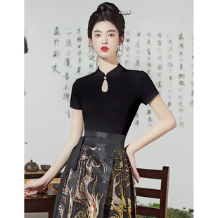 【西湖泛舟】新中式立领镂空弧度下摆短袖T恤女修身国风中袖上衣