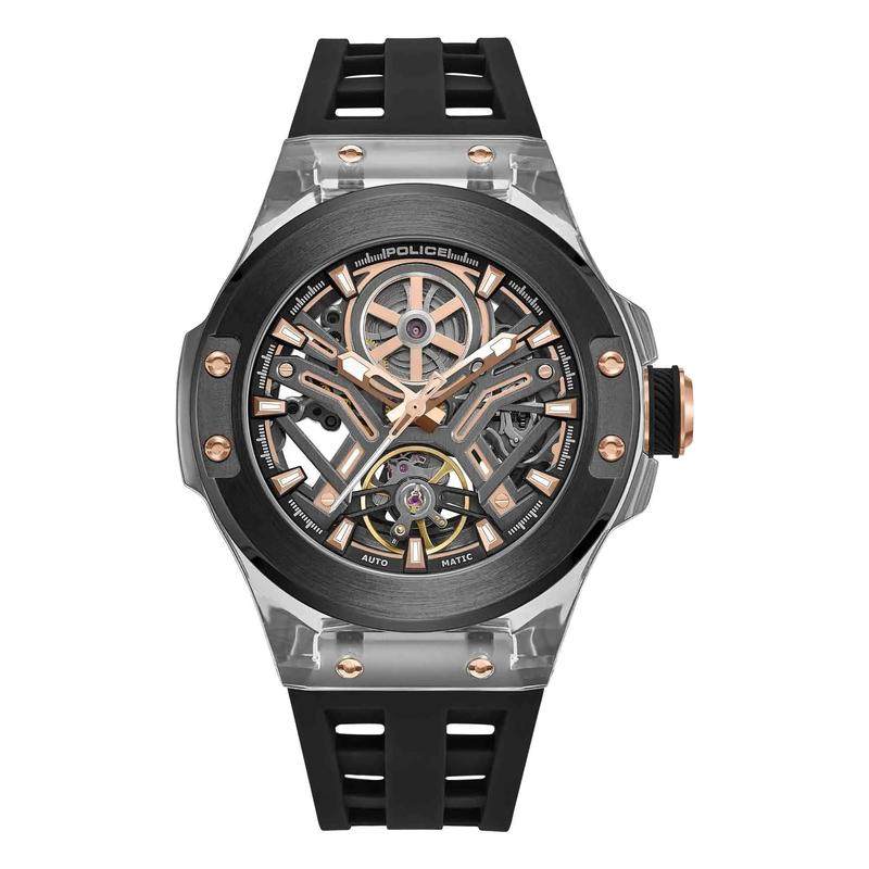 代购POLICE男士腕表自动上链夜光指针日期显示防水透明黑色