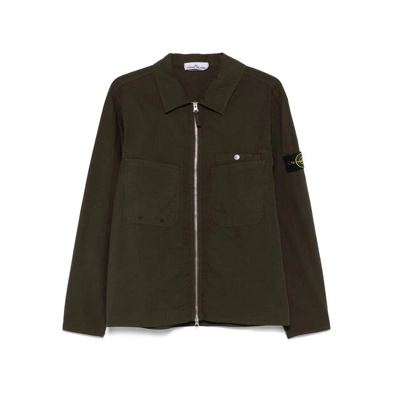 STONE ISLAND森林绿前开扣胸袋插扣口袋棉氨纶衬衫