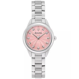 代购BULOVA/宝路华女士石英腕表mm粉钻镶钻不锈钢表带防水年质保