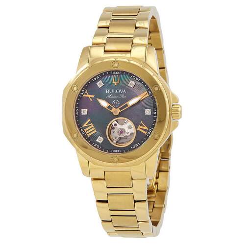 海外代购BULOVA/宝路华女士欧美腕表镂空背透100米防水镀金钢带
