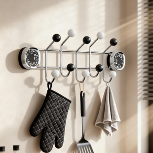 厨房吸盘不锈钢联排挂钩壁挂锅铲勺子抹布厨具多功能收纳置物挂架