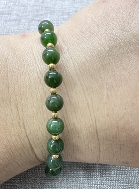 天然和田玉碧玉阳绿银手链手镯时尚百搭间18K金珠