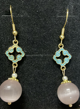 s925银天然碧玉苹果绿粉色猫眼石耳环国风时尚耳坠耳环复古百搭