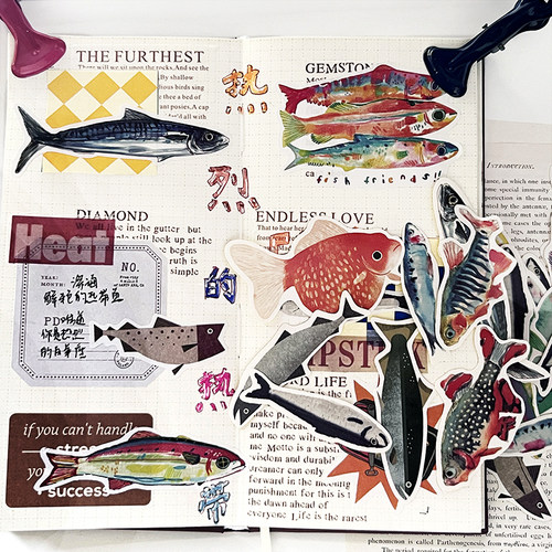 复古彩色热烈的鱼手帐贴纸手绘