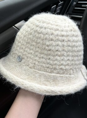卷边马海毛绒钩织渔夫帽女秋冬韩系百搭水桶帽金属铆钉标保暖盆帽