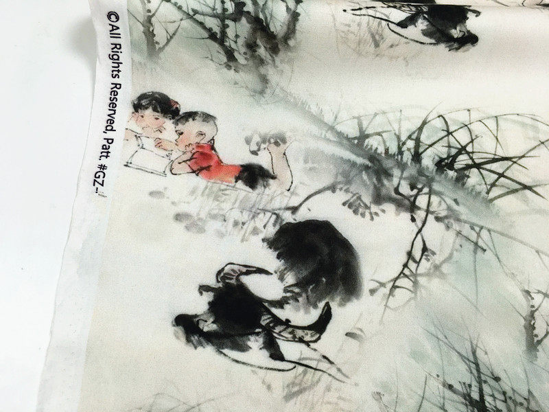 国画风水墨画放牛娃数码印花全棉布 diy手工儿童连衣裙口金包拼布