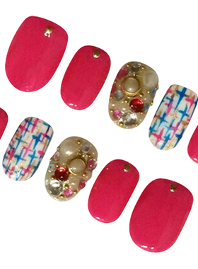 新款柳丁美甲成品贴片玫红色手工定制光疗假指甲贴钻甲片淡雅十字