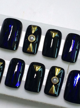 手工订制光疗甲成品玻璃纸甲片黑色假指甲贴片柳丁手指甲珍珠穿戴