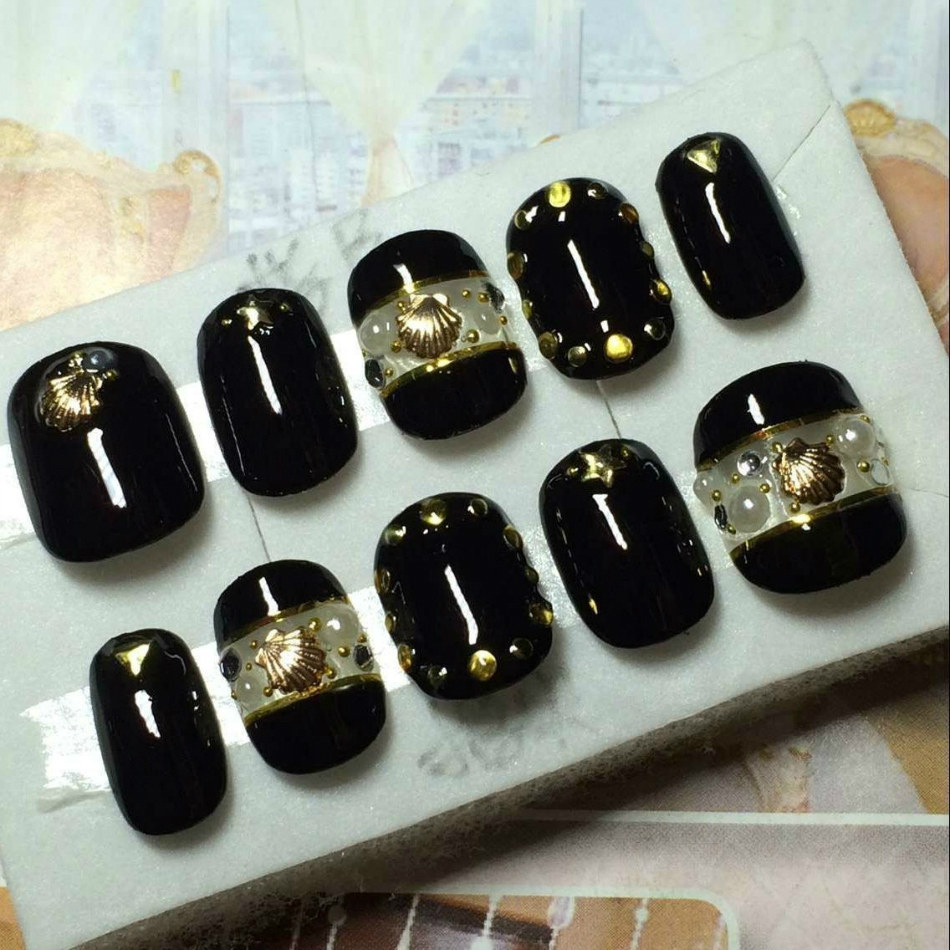 包邮新款黑色光疗甲手工定做甲片贝壳假指甲珍珠美甲成品柳丁贴片