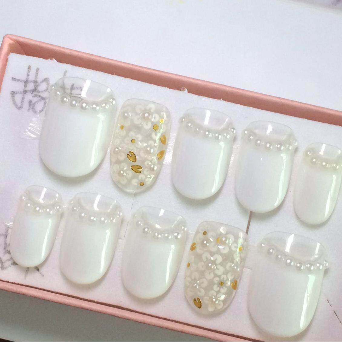 手工定制光疗甲新娘美甲成品甲片假指甲白色珍珠定做贴片婚纱包邮
