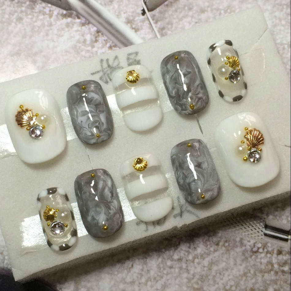 包邮日系手工定做小清新光疗甲片大理石纹美甲成品贝壳假指甲贴片