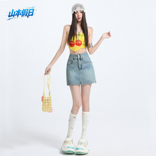 高腰A字牛仔短裙女辣妹风防走光