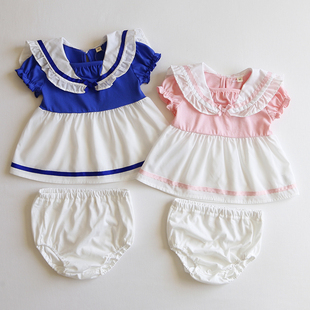 日单女童海军大翻领短袖T恤上衣内裤套装女宝宝薄款裙式衫 分开拍
