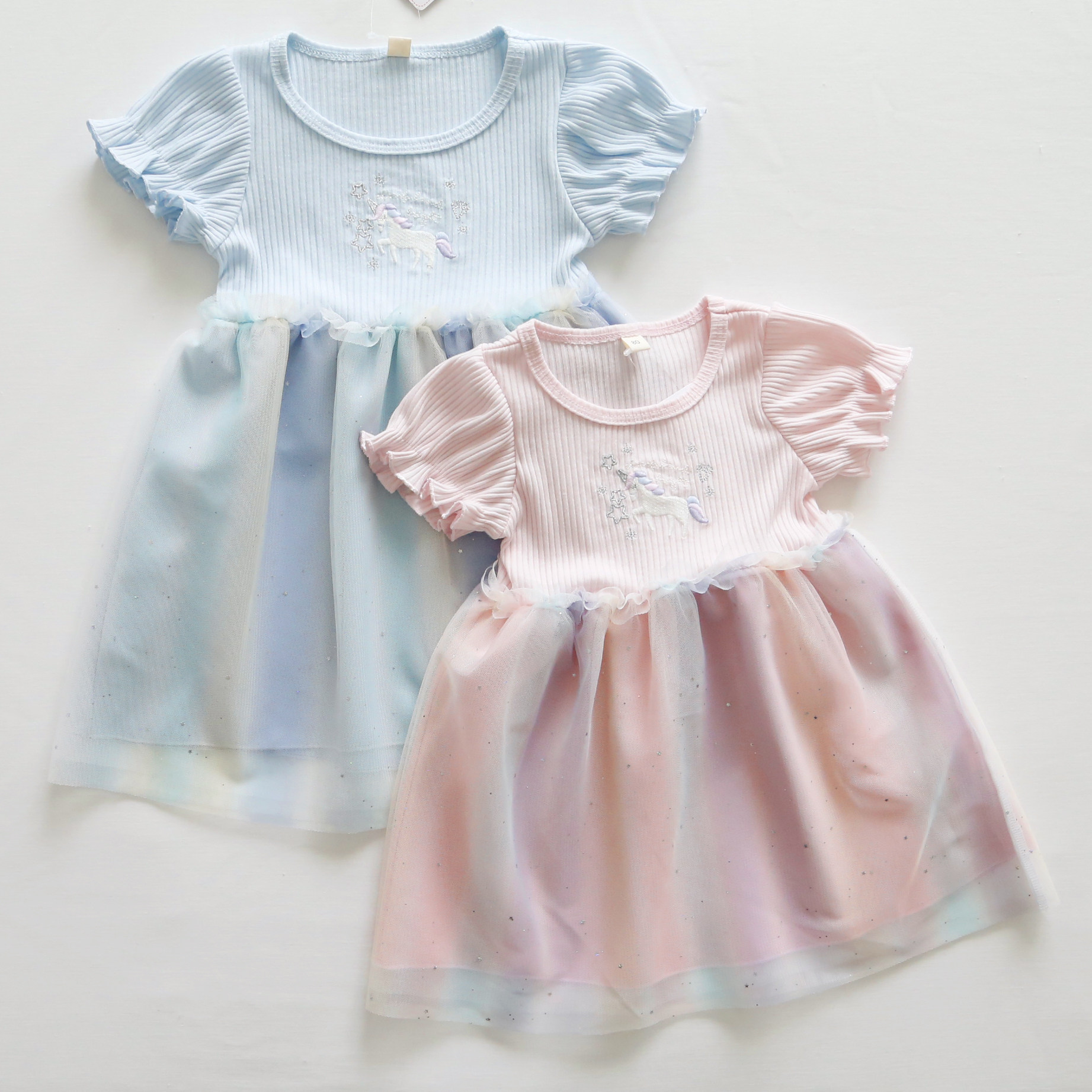 日单女童夏短袖连衣裙绣花烫金纱拼高弹罗纹裙女宝宝蓬蓬A字纱裙