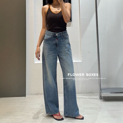flower花匣子68269复古高腰直筒牛仔裤女蓝色显瘦休闲窄版阔腿裤