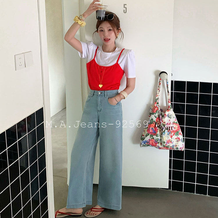 MA牛仔裤女92569高腰阔腿裤夏薄款小个子蓝色九分阔腿宽松显瘦