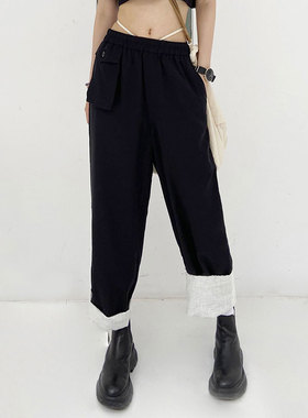 MACQNF新款21152夏季宽松天丝阔腿裤MQ松紧腰休闲卷边大码直筒裤