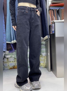 flower花匣子复古高腰牛仔裤女黑色显瘦松弛感弹力阔腿裤62998