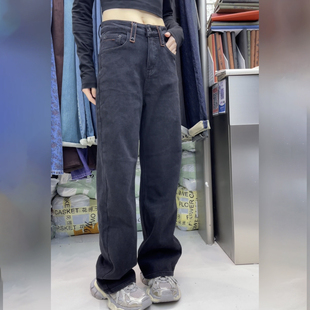 flower花匣子复古高腰牛仔裤 62998 女黑色显瘦松弛感弹力阔腿裤