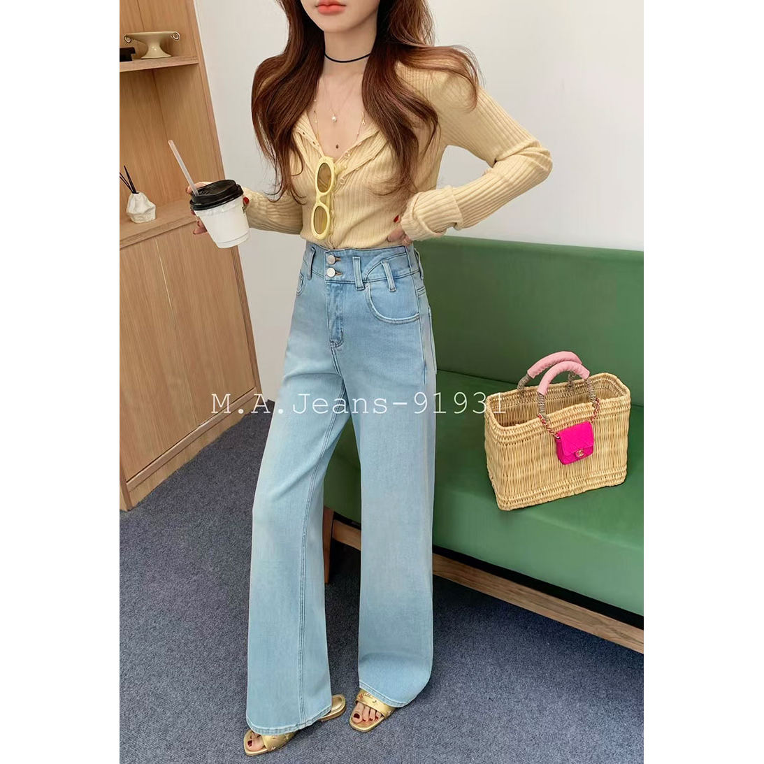 MA牛仔裤女2025夏款91931高腰四面弹显瘦宽松蓝色直筒拖地阔腿裤