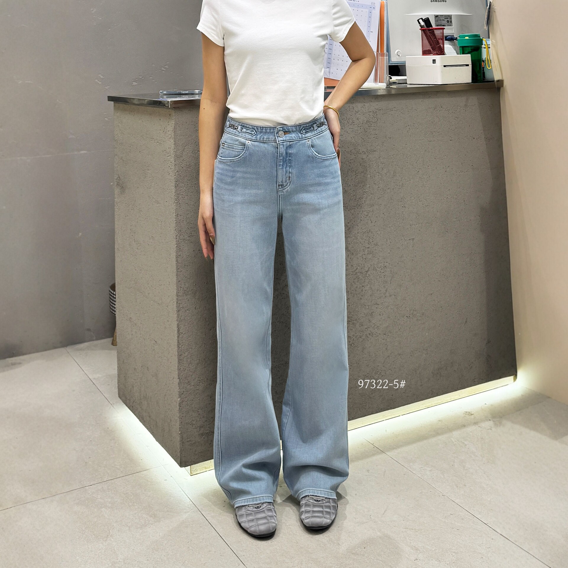 MA牛仔裤女97322-5复古高腰宽松长裤显瘦四面弹水洗浅蓝色直筒裤