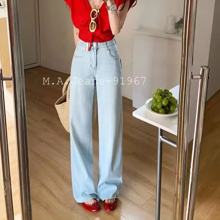 MA牛仔裤女2025春夏91967高腰显瘦浅蓝色四面弹垂感女拖地阔腿裤