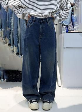 flower花匣子牛仔裤86554抓毛薄绒2025冬款复古蓝色百搭阔腿裤女