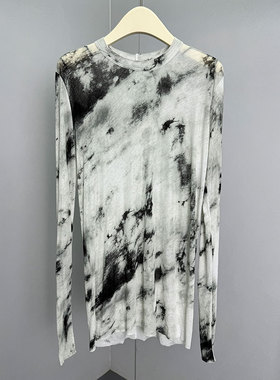 MACQNF秋款22192新中式修身大理石水墨画晕染打底上衣圆领T恤女MQ